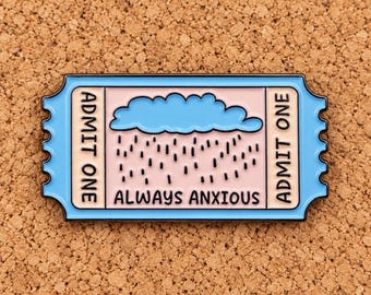 Always Anxious Ticket Enamel Pin, Pastel Rain Cloud Brooch, Admit One Lapel Pin, Introvert Gift