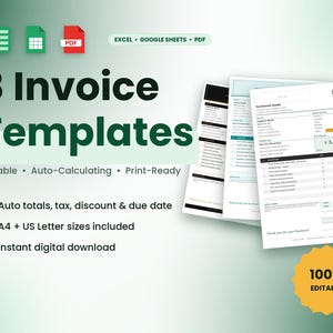 May include: A digital collection of 8 invoice templates compatible with Excel, Google Sheets, and PDF. The display features text reading 8 Invoice Templates, Editable, Auto-Calculating, Print-Ready, and 100% Editable, with three stacked invoice document previews.