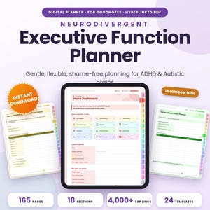May include: A digital planner for GoodNotes featuring a Home Dashboard with 18 rainbow tabs, 165 pages, 18 sections, 4,000+ tap links, and 24 templates. The text reads Neurodivergent Executive Function Planner and Instant Download.