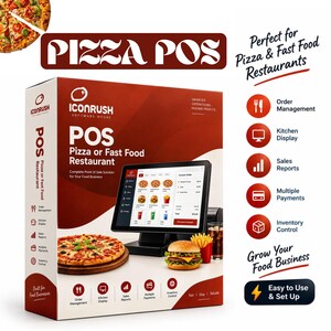 May include: A product box for a Pizza POS system featuring a touchscreen monitor displaying a food ordering interface. The box displays images of pizza, a burger, and fries, with text including Iconrush Software House, POS Pizza or Fast Food Restaurant, and a list of features like Order Management, Kitchen Display, Sales Reports, Multiple Payments, and Inventory Control.