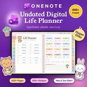 May include: A digital life planner on a purple background with the text OneNote Undated Digital Life Planner. The planner features a cat illustration, monthly calendar tabs, 650+ pages, 830+ stickers, and hyperlinks. A rabbit sticker and a potted plant sticker are visible.