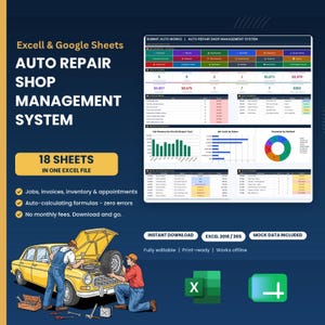 May include: An auto repair shop management system for Excel and Google Sheets featuring a dashboard with charts, tables, and financial data. The graphic includes a yellow car with two mechanics and icons for Excel and Google Sheets software.