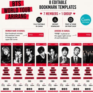May include: Eight editable bookmark templates for the BTS World Tour Arirang, featuring black and white portraits of seven members and one group. Each bookmark includes the text BTS World Tour Arirang, Stade de France, Paris, July 17 2026, 8:00 PM.