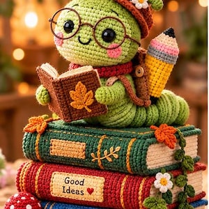 May include: A crocheted green caterpillar wearing a brown hat and round glasses, holding an open book. It sits on a stack of three crocheted books labeled Good Ideas and Big Adventures, accompanied by a small crocheted red and white mushroom.