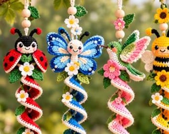 4 Crochet Spiral Hanging Ornaments Pattern PDF, Ladybug Butterfly Hummingbird Bee, Amigurumi Hanging Decor, Spring Crochet DIY