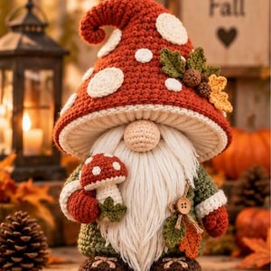 Peut inclure: Une figurine de gnome au crochet avec un grand chapeau rouge en forme de champignon à pois blancs, une longue barbe en laine blanche et un nez rond. Le gnome porte une tenue verte avec des chaussures marron, tient un petit champignon et est orné de feuilles.