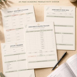 May include: A 20-page academic productivity system titled The Student Workflow, featuring printed planner sheets including a Weekly Assignment Planner, Assignment Master Tracker, Assignment Deep Dive, and Study Session, alongside a black pen and open book.