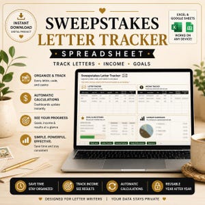 May include: A digital Sweepstakes Letter Tracker spreadsheet displayed on a laptop screen. The interface includes sections for letter tracking, income, and goals. Text on the screen reads Sweepstakes Letter Tracker, Log every letter, code, and casino.
