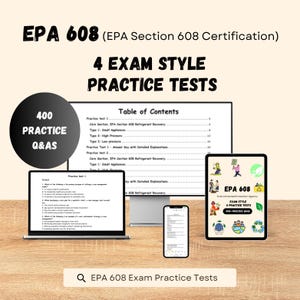 Op de afbeelding: Een digitale studiegids voor de EPA 608-certificering met 4 oefentoetsen in examenstijl en 400 oefenvragen en antwoorden. De inhoud wordt weergegeven op een computermonitor, een tablet en een smartphonescherm met tekst.