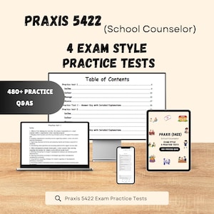 以下が含まれることがあります： Praxis 5422スクールカウンセラー試験用のデジタル学習リソース。4つの模擬試験と480以上のQ&Aが含まれています。ノートパソコン、スマートフォン、タブレットの画面には、目次や試験問題のサンプル、イラスト付きのアイコンが表示されています。