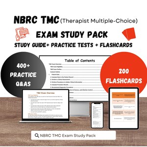 May include: NBRC TMC Therapist Multiple-Choice Exam Study Pack featuring a study guide, 400+ practice questions, and 200 flashcards. The display shows a table of contents, exam overview, and study materials on a computer, tablet, and smartphone.
