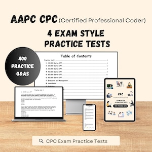 May include: A digital study resource for the AAPC CPC exam featuring 4 practice tests and 400 practice Q&As. The display shows a table of contents, sample exam questions on a laptop, a smartphone, and a tablet with illustrated study icons.
