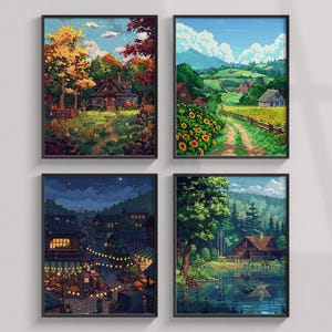 May include: A set of four framed wall art prints featuring pixel art landscapes. The images depict a house in autumn, a sunflower field with mountains, a night market with string lights, and a wooden cabin situated by a calm lake.