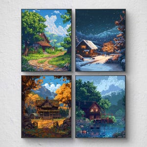 Könnte beinhalten: Ein Set aus vier gerahmten Kunstdrucken, die Häuser in verschiedenen Jahreszeiten zeigen. Oben links ein Sommerhaus, oben rechts eine verschneite Winterhütte, unten links ein Haus im Herbst mit orangefarbenen Bäumen und unten rechts eine Hütte am See.