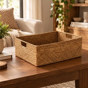 Natural Woven Seagrass Storage Basket, Rectangular Organizer with Handles (30x20x10cm)