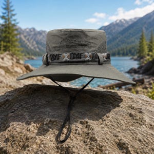 May include: An olive green bucket hat featuring a wide brim, mesh side panels, and an adjustable black chin strap. The front displays an embroidered mountain logo with the text "acune" and a decorative band printed with the repeating text "DMF".