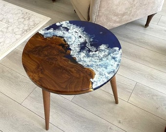 Custom Made Natural Blue Epoxy Coffee Table, Bar End Table, Living Room Table (With Stand)