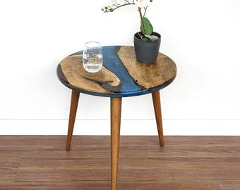 20" Resin Walnut Round Side Table | Epoxy End Table | Coffee Table | Living Room Furniture