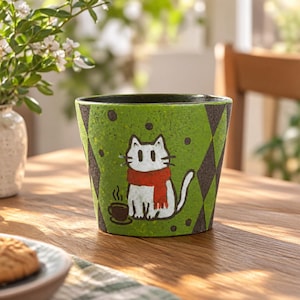 Lindo vaso de cerámica pintado a mano, taza de café con diseño de gato y conejito de arte popular, taza de cerámica sin asa, taza de espresso con diseño de animales kawaii, regalo para amantes de los gatos.