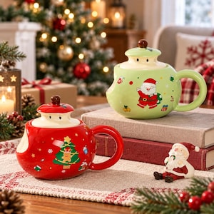 Cute Christmas Ceramic Teapot with Lid, Santa Christmas Tree Tea Pot, Festive Holiday Coffee Mug, Cute Xmas Gift for Her, Winter Decor