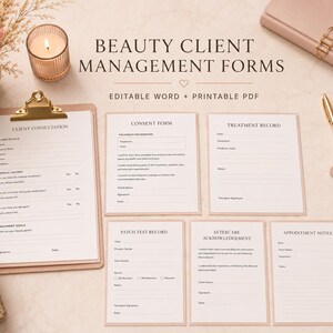 Puede incluir: Un conjunto de formularios de gestión de clientes de belleza que incluye consulta al cliente, formulario de consentimiento, registro de tratamiento, registro de prueba de parche, reconocimiento de cuidados posteriores y notas de cita con texto negro.
