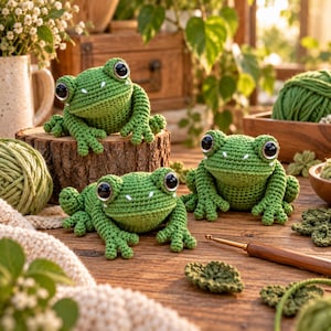 May include: Three green crocheted frogs with large black eyes and white stitched details. The frogs are crafted from yarn and are displayed on a wooden surface alongside a wooden crochet hook, balls of green yarn, and small crocheted leaves.