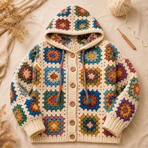 Patrón de ganchillo PDF para sudadera con capucha estilo campestre, suéter con capucha extragrande, jersey de ganchillo estilo patchwork bohemio, videotutorial de descarga instantánea.
