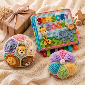 May include: A crochet sensory book with the text SENSORY BOOK, a giraffe, and an elephant applique, accompanied by a multi-colored animal-themed crochet ball, a small flower-shaped crochet toy, and a gift box with a satin ribbon.
