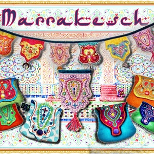 May include: A colourful Moroccan-style banner with the word "Marrakesh" hanging above a collection of small, intricately embroidered bags in various colours and patterns.