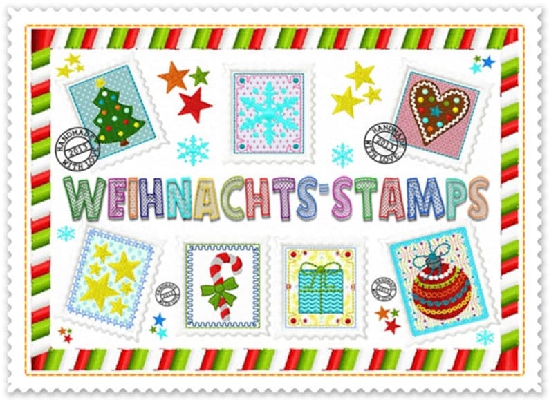 WeihnachtsStamps Stickdatei 13 Motive Weihnachten Adventskalender Labels Anhänger Bild 1