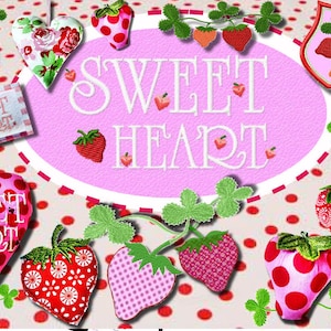 Sweetheart 32 motifs hearts strawberry embroidery file ITH in-the-hoop deco spring summer