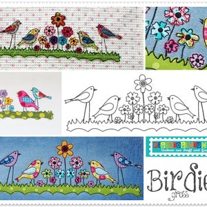 Op de afbeelding: Een collage van geborduurde vogel- en bloemontwerpen. De ontwerpen tonen kleurrijke vogels die op dunne poten tussen levendige bloemen en groen gras zitten. Het woord "Birdies" is geschreven in een grillige letter.