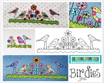 BIRDIES embroidery file DOODLE - large (up to 21 x 40 cm) birds spring birds