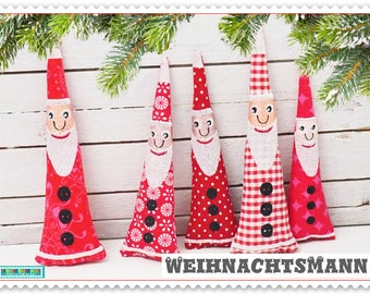 May include: Five handmade Christmas Santa Claus figures with red fabric bodies and white beards. Each Santa has a different patterned fabric for the body, including polka dots and plaid. The word "WEIHNACHTSMANN" is written in white text.