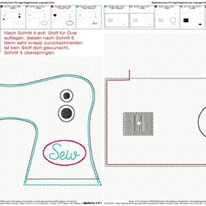 May include: A sewing machine embroidery design with a heart, two circles, and the word "Sew" in a circle. The design is outlined in black and blue, with red stitching.