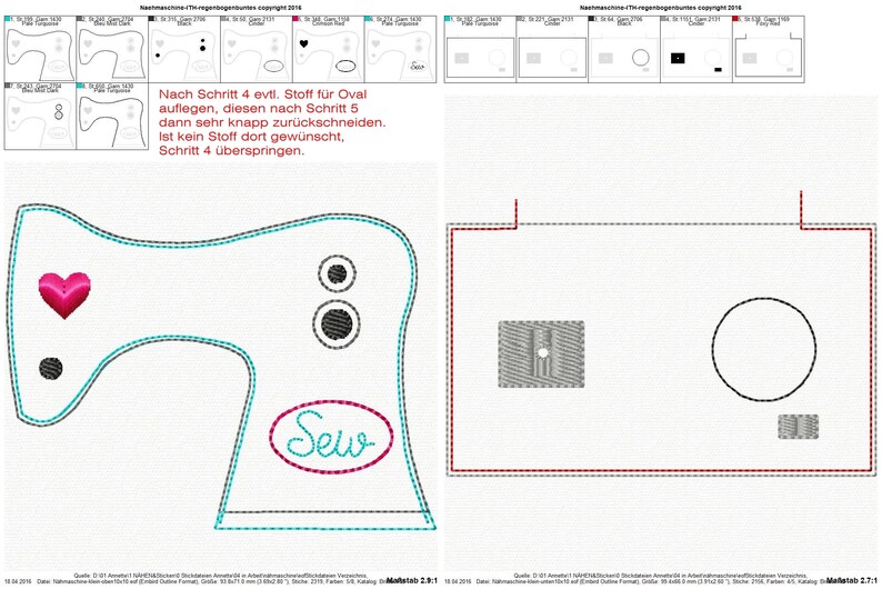 May include: A sewing machine embroidery design with a heart, two circles, and the word "Sew" in a circle. The design is outlined in black and blue, with red stitching.