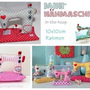 May include: A set of four miniature sewing machines, each with a different color and pattern. The sewing machines are 10x10cm and are designed for in-the-hoop embroidery. The text "MINI-NAHMASCHINE" is displayed on the image.