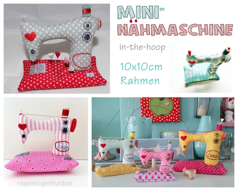 May include: A set of four miniature sewing machines, each with a different color and pattern. The sewing machines are 10x10cm and are designed for in-the-hoop embroidery. The text "MINI-NAHMASCHINE" is displayed on the image.