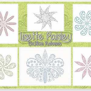 Könnte beinhalten: Sechs verschiedene Paisley-Designs zum Sticken, jedes in einer anderen Farbe und einem anderen Stil. Die Designs sind in einem Raster auf grünem Hintergrund angeordnet. Der Text "Lisette Paisley 13x18cm Rahmen" befindet sich in der Mitte des Bildes.