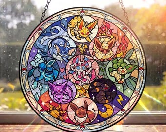 Eeveelution Stained Glass Suncatcher, All Evolutions Rose Window Hanging, Anime Gift