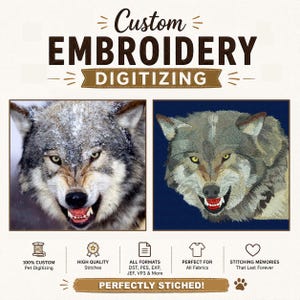 Op de afbeelding: Dienst voor het digitaliseren van aangepast borduurwerk met een vergelijking naast elkaar van een wolvenfoto en de geborduurde tegenhanger. De tekst bevat Custom Embroidery Digitizing, 100% Custom Pet Digitizing, High Quality Stitches, All Formats en Perfectly Stitched.