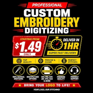 May include: A black graphic advertisement for professional custom embroidery digitizing services. It features bold yellow and white text, a stopwatch icon, and various service icons including a needle, file formats, and a headset with text.