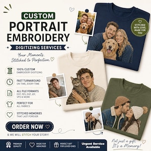 Op de afbeelding: Aangepaste borduur-digitaliseringsdiensten voor portretten met drie sweatshirts in marineblauw, crème en olijfgroen. Elk kledingstuk toont een geborduurd portret gebaseerd op een foto, waaronder een koppel met een hond, een persoon met een kat.