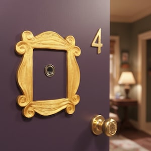 Può includere: Una porta viola con una cornice dorata decorata che circonda uno spioncino argentato. A destra della cornice, il numero 4 è montato in oro. Un pomello rotondo in metallo dorato è posizionato nella parte inferiore destra della porta.