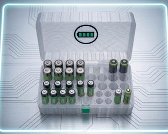 Caja de almacenamiento de baterías con logotipo personalizado y cierre / Estuche organizador de baterías AA y AAA / Soporte de baterías de rejilla translúcida para escritorio o artículos promocionales con marca.