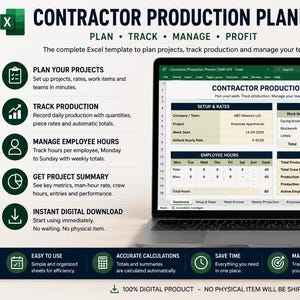 Könnte beinhalten: Eine digitale Excel-Vorlage für einen Bauunternehmer-Produktionsplaner auf einem Laptop-Bildschirm. Die Benutzeroberfläche enthält Bereiche für Einrichtung und Raten, wöchentliche Produktion, Mitarbeiterstunden und Projektzusammenfassungen.