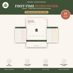 Op de afbeelding: Een digitale map voor nieuwe huiseigenaren met 24 pagina's aan lay-outs, checklists en trackers. Het ontwerp gebruikt een donkergroen en crèmekleurig palet met een huisicoon. Tekst bevat FIRST-TIME HOMEOWNER en 24 REAL LAYOUTS, NOT JUST TABLES.