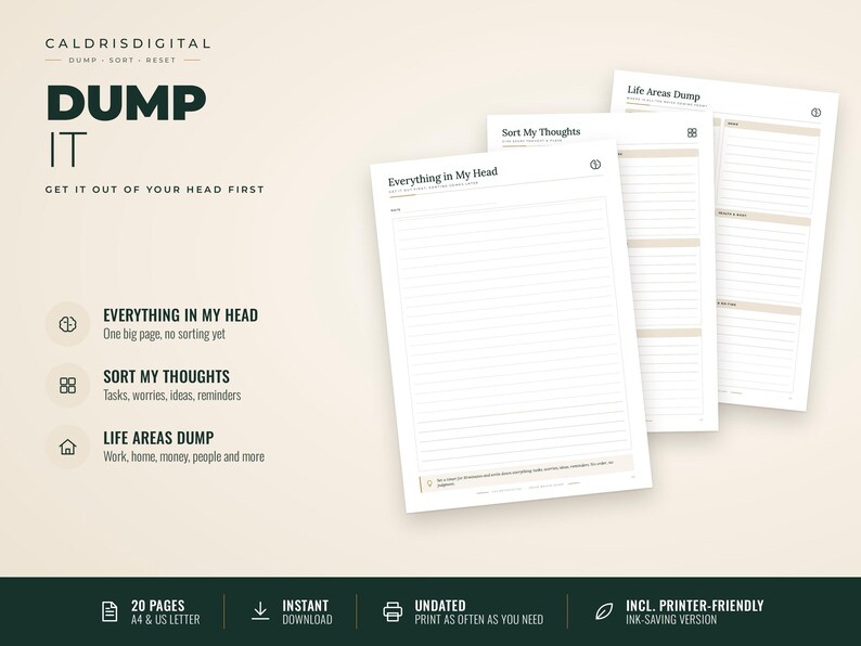 ADHD Brain Dump Printable, Overwhelm Reset & Prioritization Worksheets ...