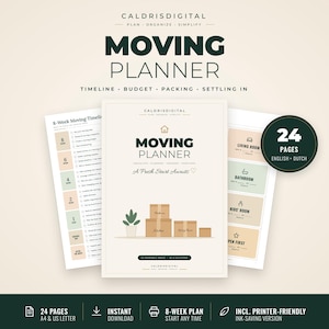 Könnte beinhalten: Ein 24-seitiger digitaler Umzugsplaner mit cremefarbenem Einband, der den Text Moving Planner, A Fresh Start Awaits sowie eine Illustration von Umzugskartons und einer Topfpflanze zeigt. Enthält einen 8-Wochen-Zeitplan und Etiketten für Räume.