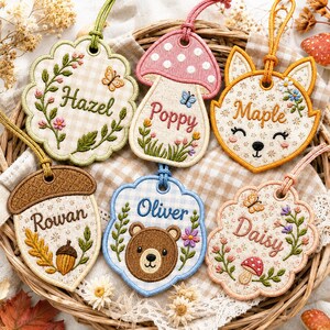 Woodland Fall ITH Name Tag Bundle, Mushroom Fox Bear Acorn Applique, Scalloped Luggage Charm Hoop Project, Instant Download